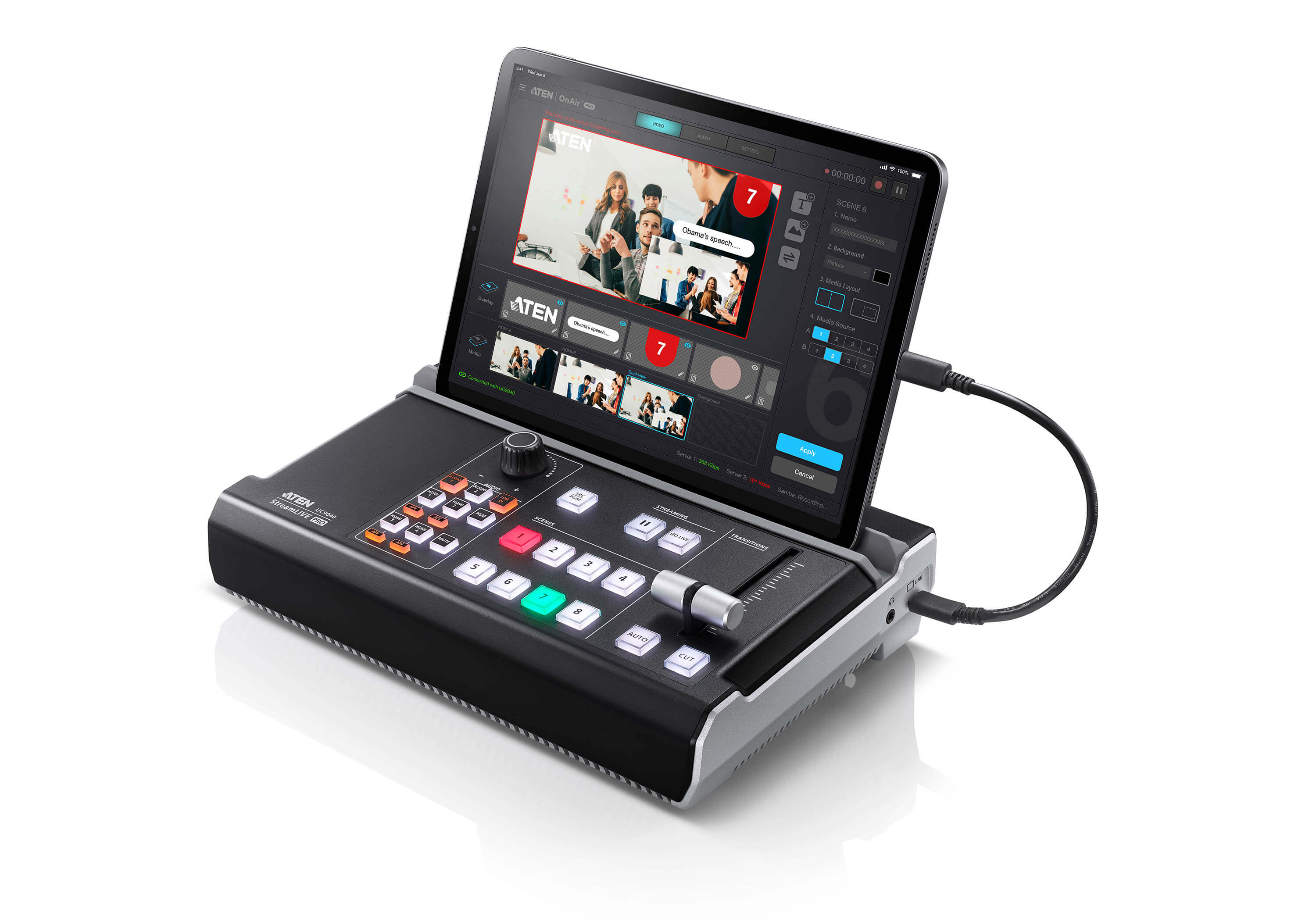 Aten UC9040 StreamLIVEâ„¢ PRO All-in-one Multi-channel AV Mixer. Preset up to 8 scenes, DVE video transition effects, a storyboard like management Aten UC9040 StreamLIVEâ„¢ PRO All-in-one Multi-channel AV Mixer. Preset up to 8 scenes, DVE video transition effects, a storyboard like management